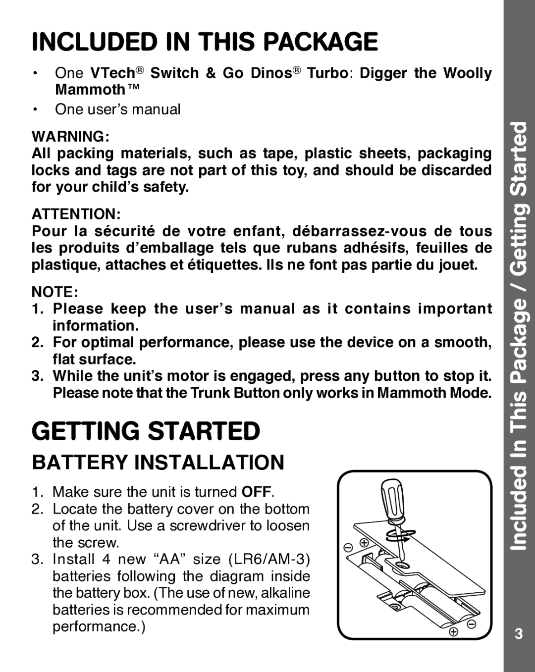 VTech 91-002929-000 US user manual Included in this Package, Included In This Package / Getting Started 