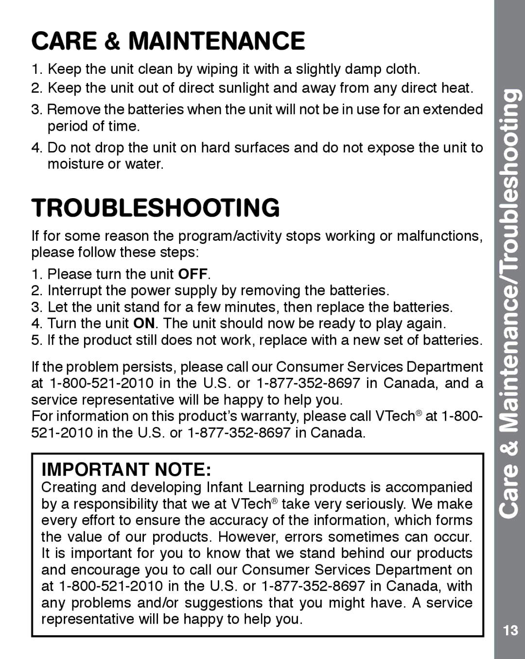 VTech 91-002932-000 user manual Care & Maintenance/Troubleshooting 