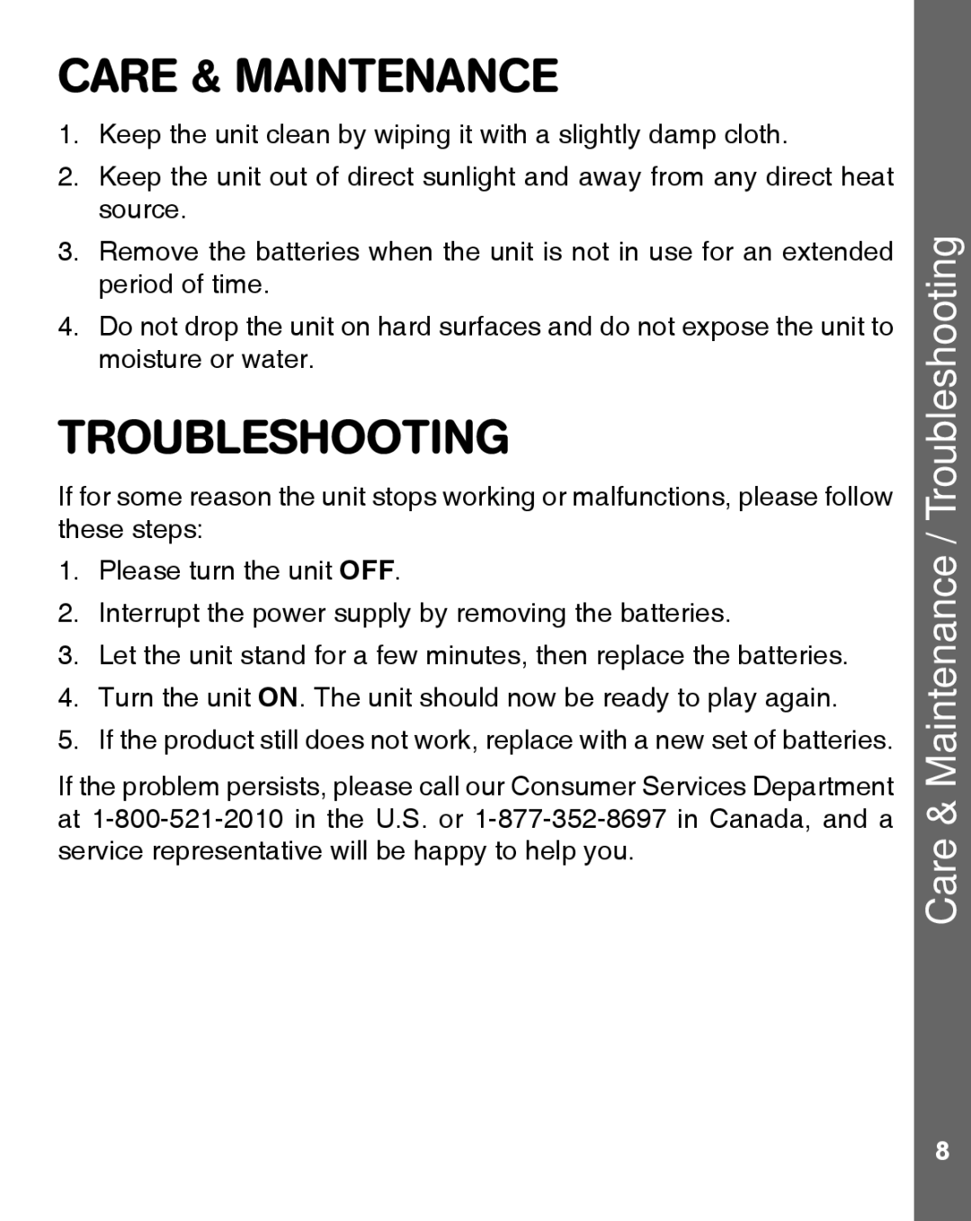 VTech 91-009632-000 user manual Care & Maintenance / Troubleshooting 