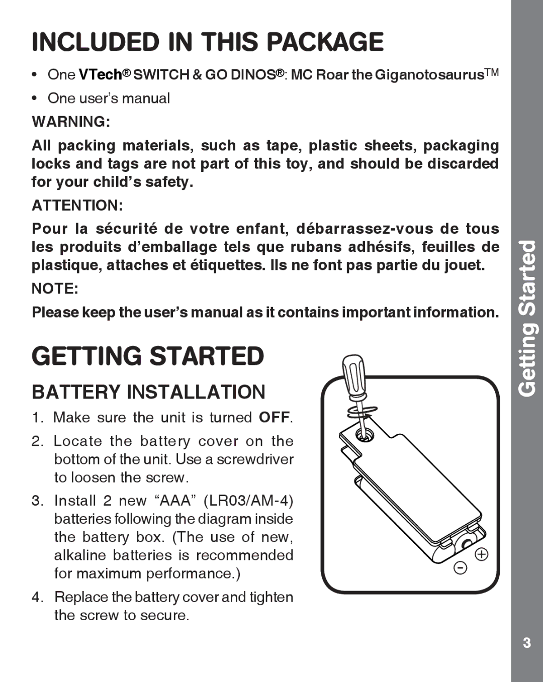 VTech 91-009633-007 US user manual Included in this Package, Getting Started 