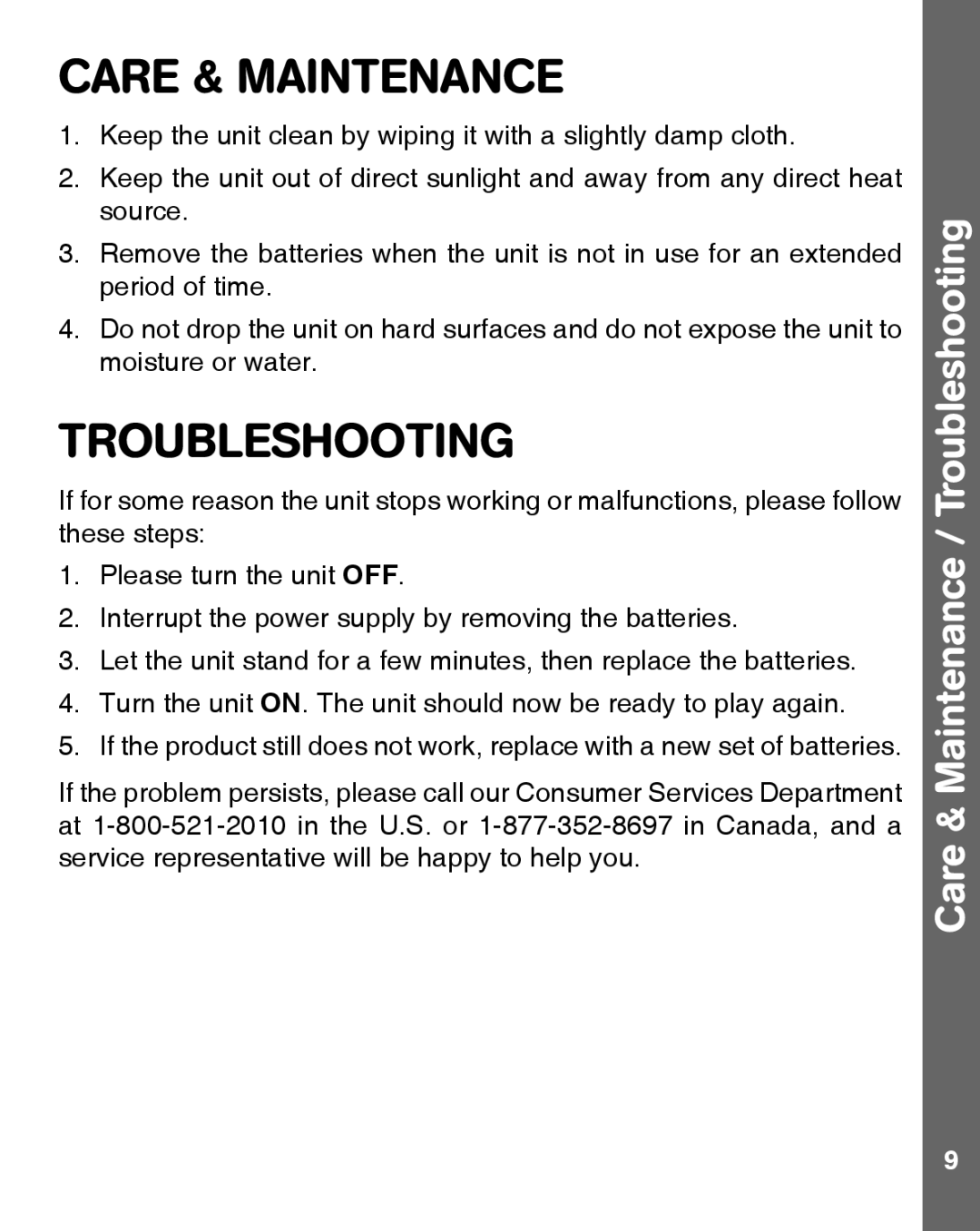 VTech 91-009642-000 user manual Care & Maintenance / Troubleshooting 