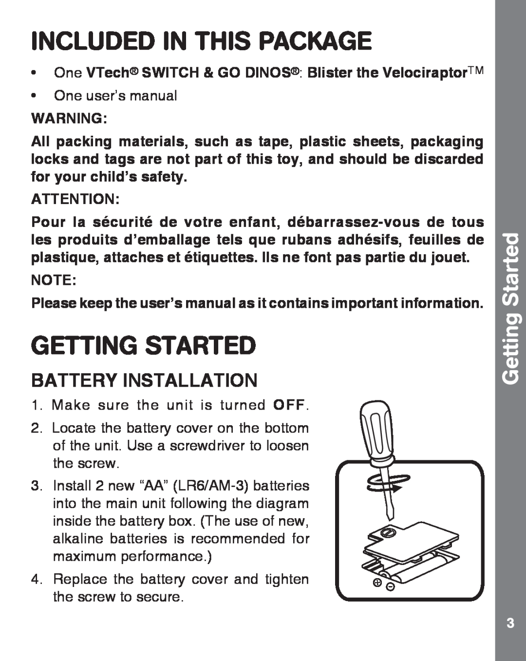 VTech 91-009642-000 user manual Included In This Package, Getting Started, Battery Installation 