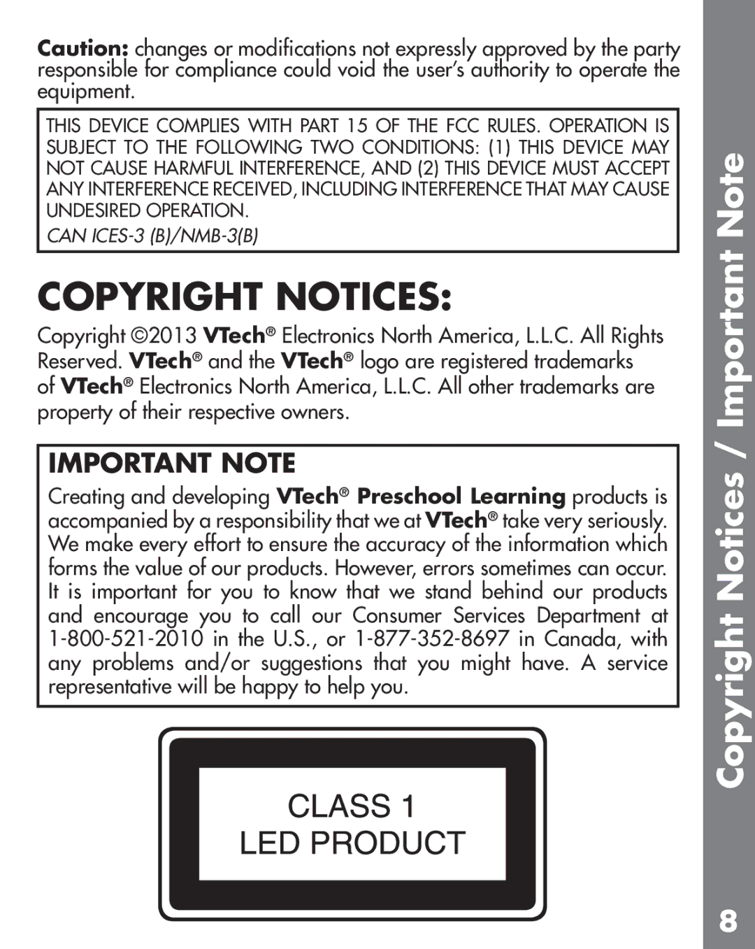 VTech 91-009664-000 user manual Copyright Notices / Important Note 