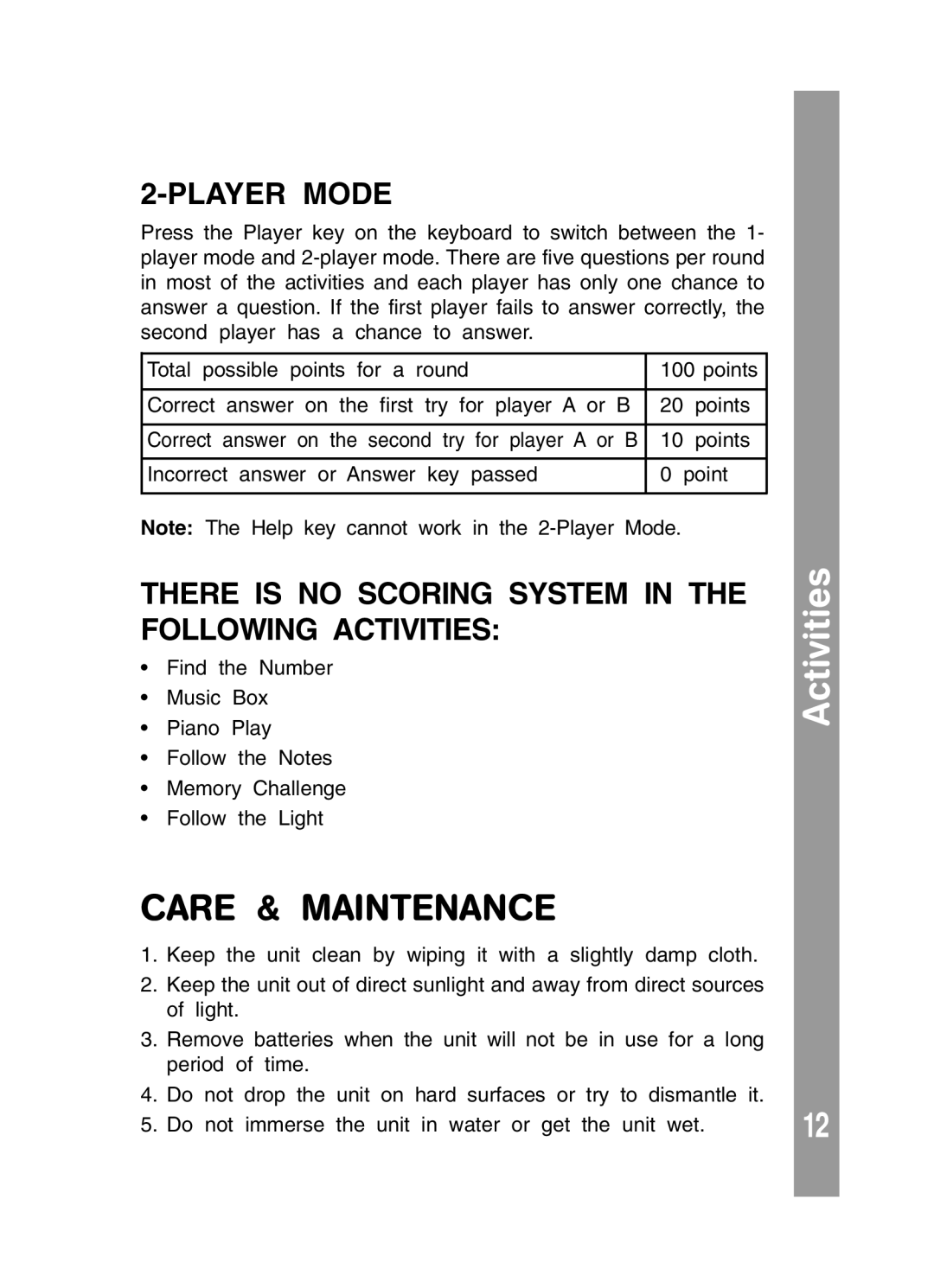 VTech 91-01256-043 user manual Care & Maintenance, Player Mode, There Is No Scoring System In The Following Activities 