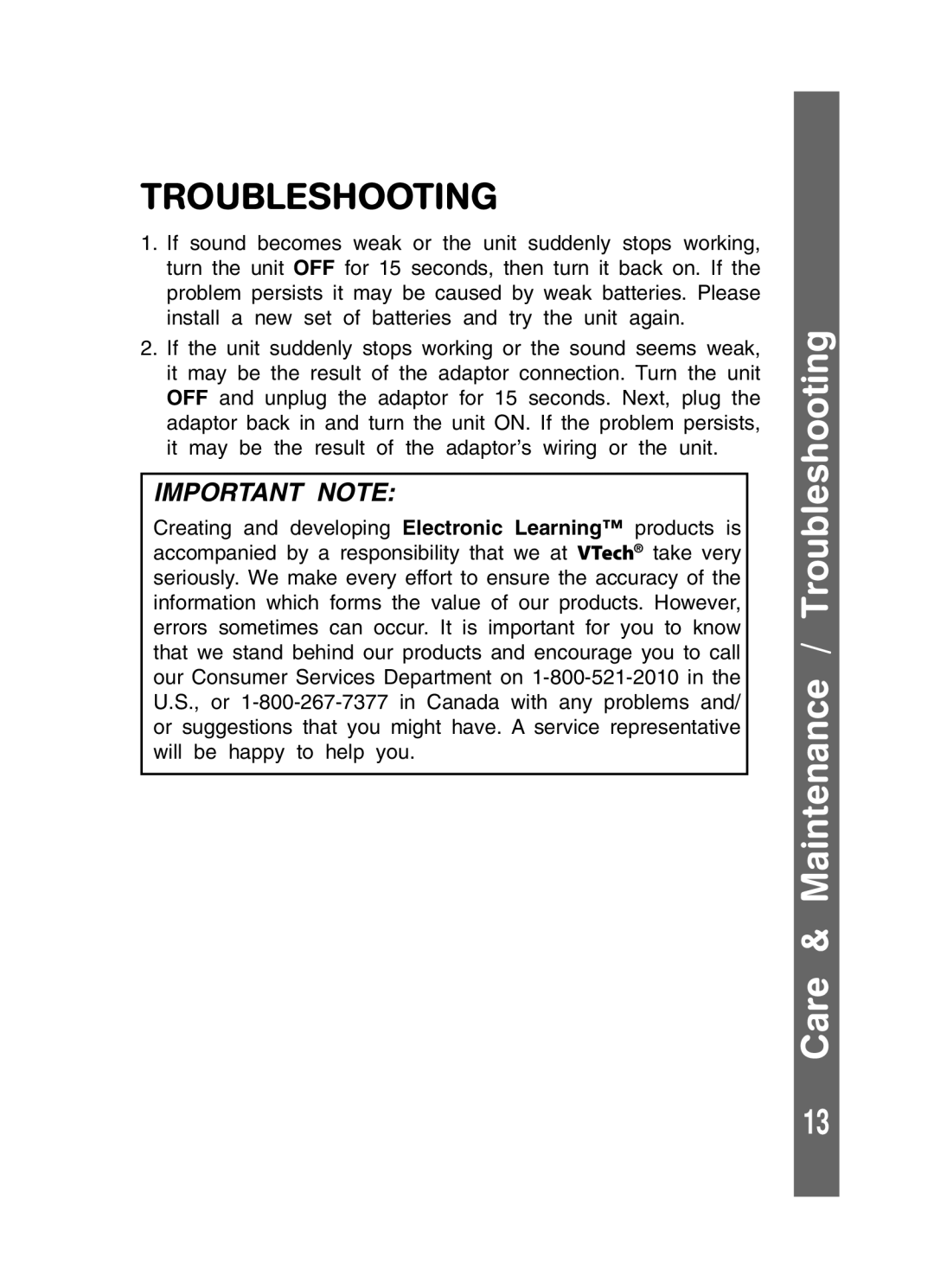 VTech 91-01256-043 user manual Care & Maintenance / Troubleshooting, Important Note 