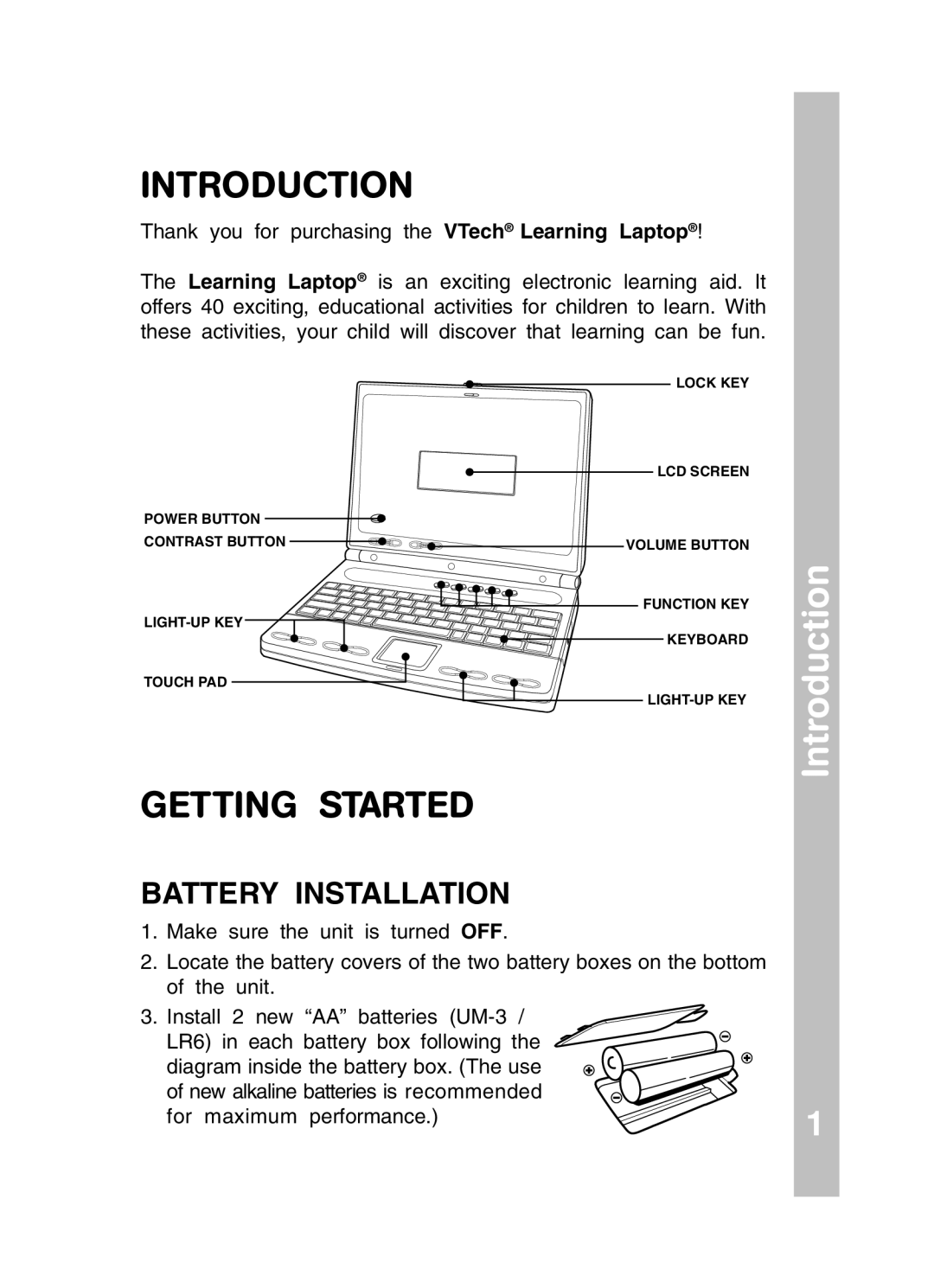 VTech 91-01256-043 user manual Introduction, Getting Started, Battery Installation 