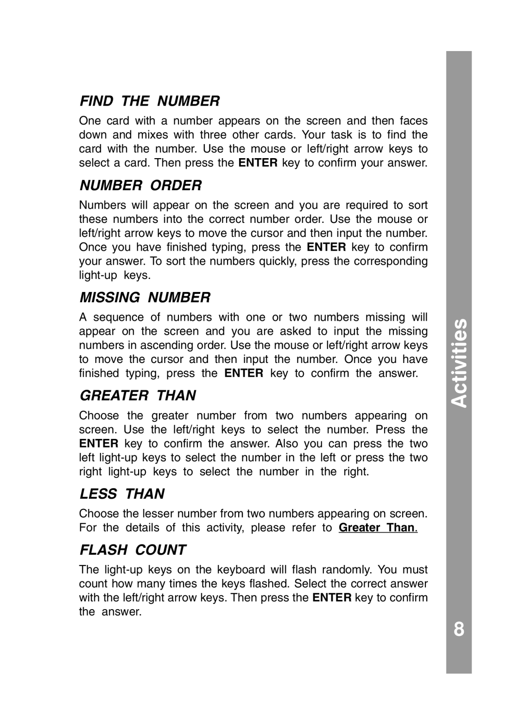 VTech 91-01256-043 user manual Find the Number, Number Order, Missing Number, Greater than, Less than, Flash Count 