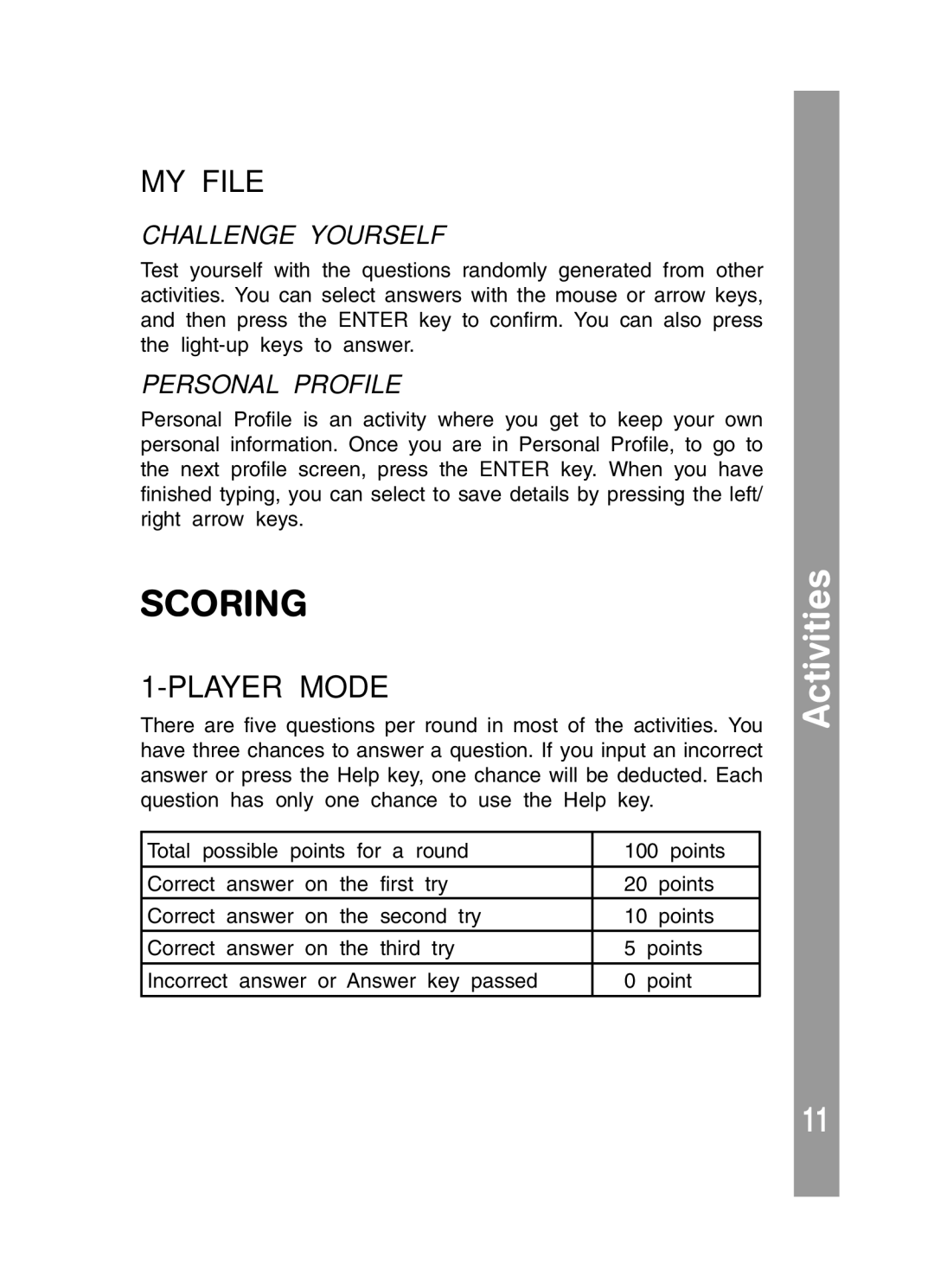 VTech 91-01256-043 user manual Scoring, MY File, Player Mode, Challenge Yourself, Personal Profile 