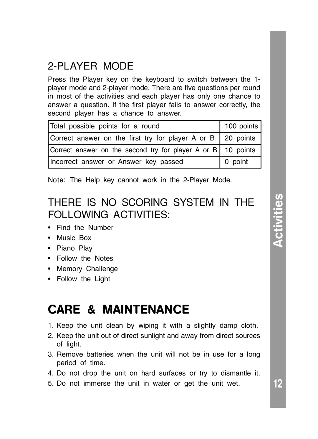 VTech 91-01256-043 user manual Care & Maintenance, There is no Scoring System in the Following Activities 