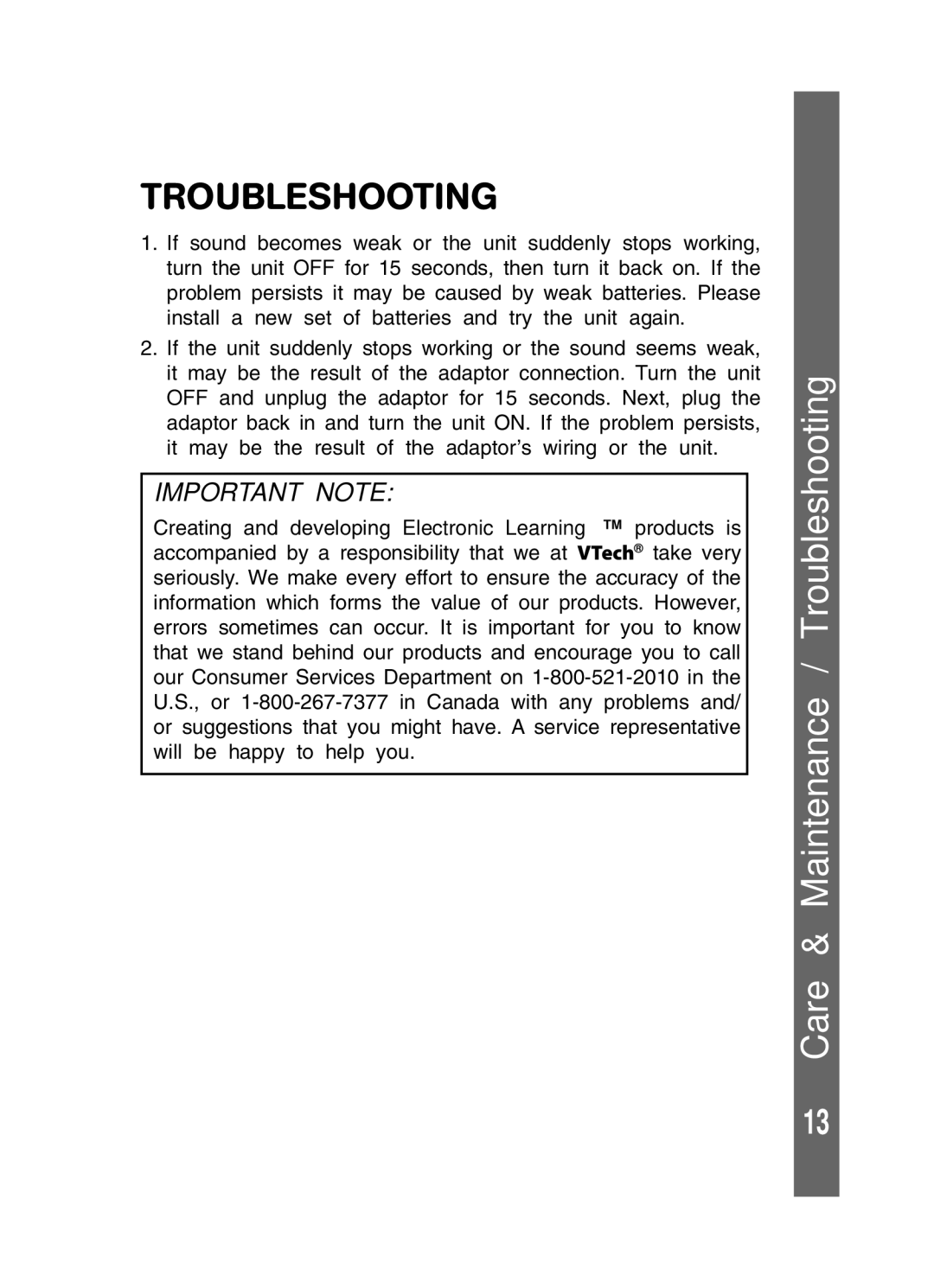 VTech 91-01256-043 user manual Care & Maintenance / Troubleshooting, Important Note 