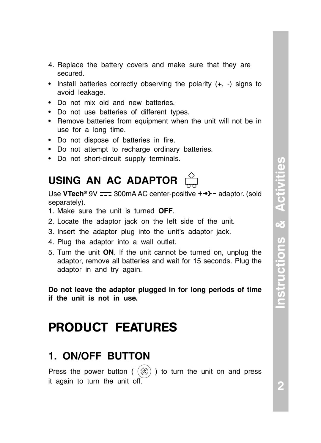 VTech 91-01256-043 user manual Product Features, Instructions & Activities, Using AN AC Adaptor, ON/OFF Button 