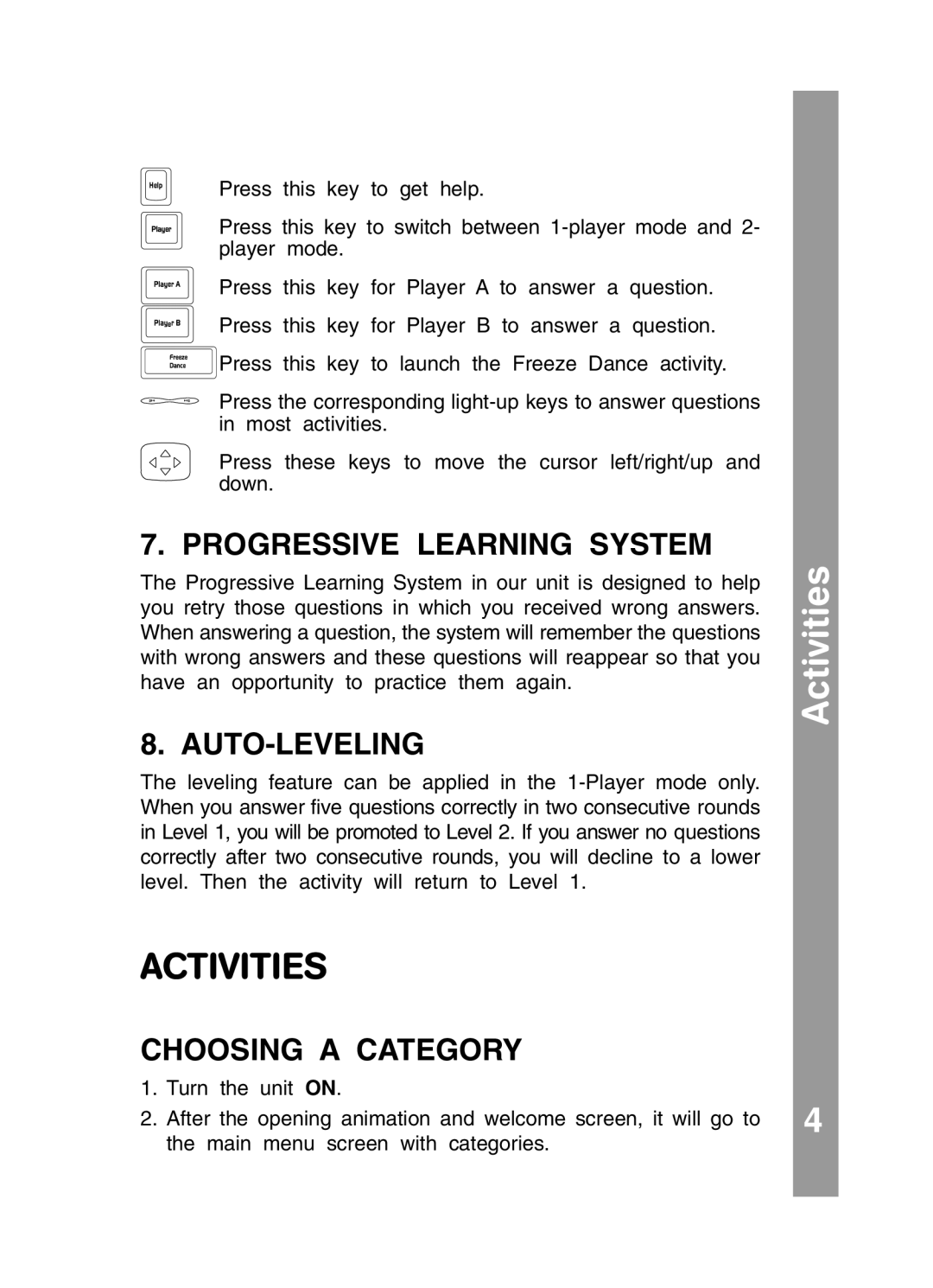 VTech 91-01256-043 user manual Activities, Progressive Learning System, Auto-Leveling, Choosing a Category 