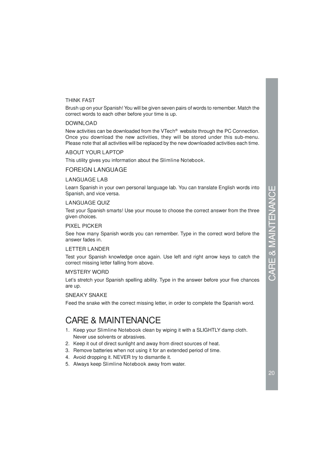 VTech 91-01592-006 user manual Care & Maintenance, Foreign Language 