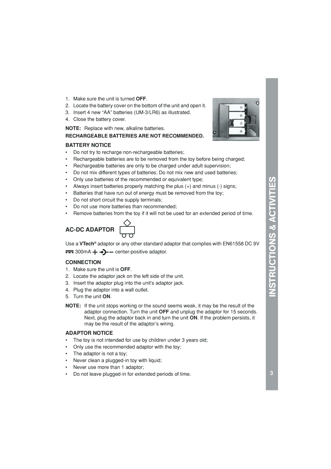 VTech 91-01592-006 AC-DC Adaptor, Battery Notice, Connection, Adaptor Notice, Rechargeable Batteries are not Recommended 