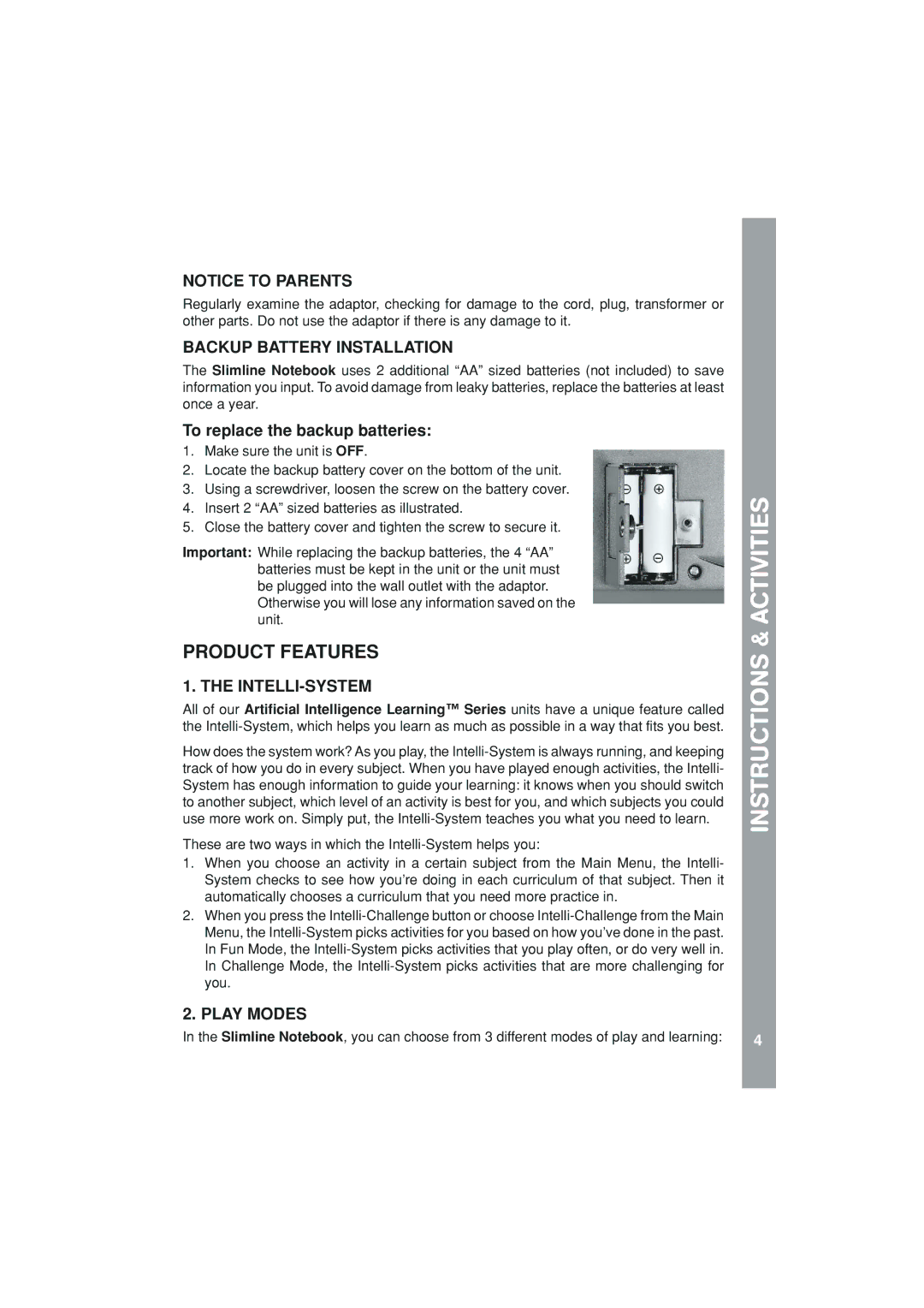 VTech 91-01592-006 user manual Product Features, Backup Battery Installation, Intelli-System, Play Modes 