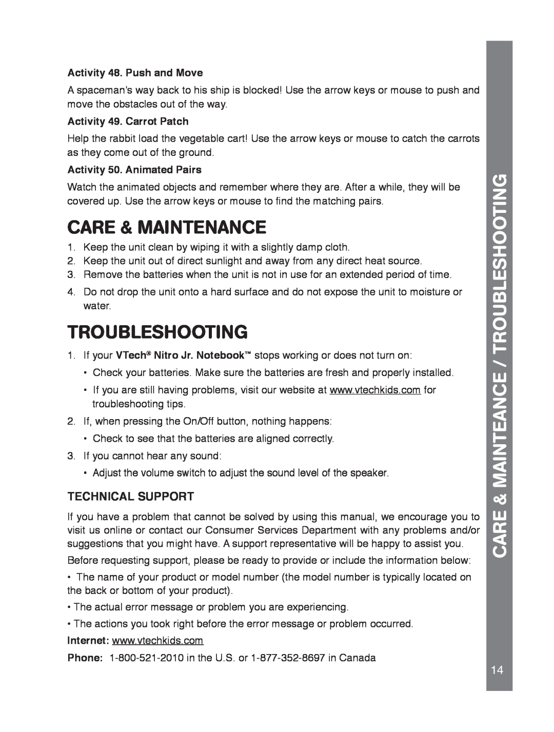 VTech 91-02239-001 manual Care & Maintenance, Care & Mainteance / Troubleshooting, Technical Support 