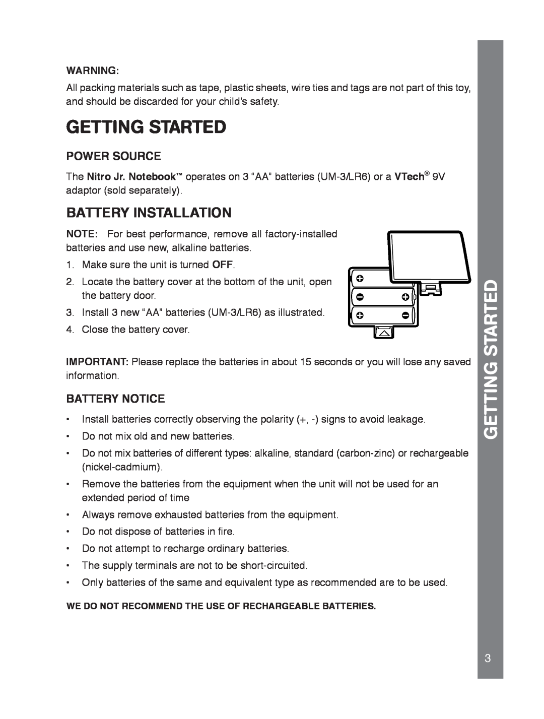 VTech 91-02239-001 manual Getting Started, getting started, Battery Installation, Power Source, Battery Notice 