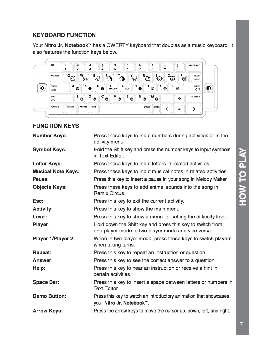 VTech 91-02239-001 manual How To Play, Keyboard Function, Function Keys 