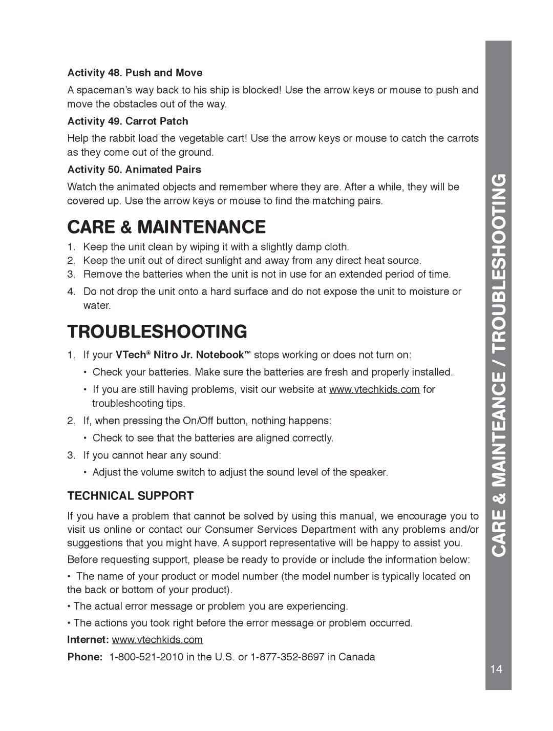 VTech 91-02239-001 manual Care & Maintenance, Care & Mainteance / Troubleshooting, Technical Support 