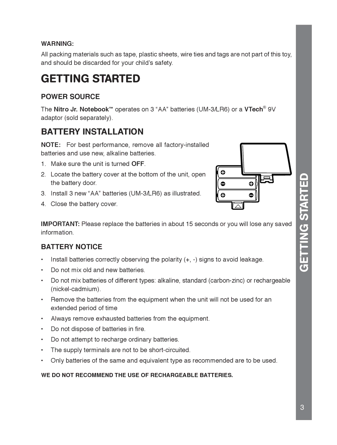 VTech 91-02239-001 manual Getting Started, Power Source, Battery Notice 