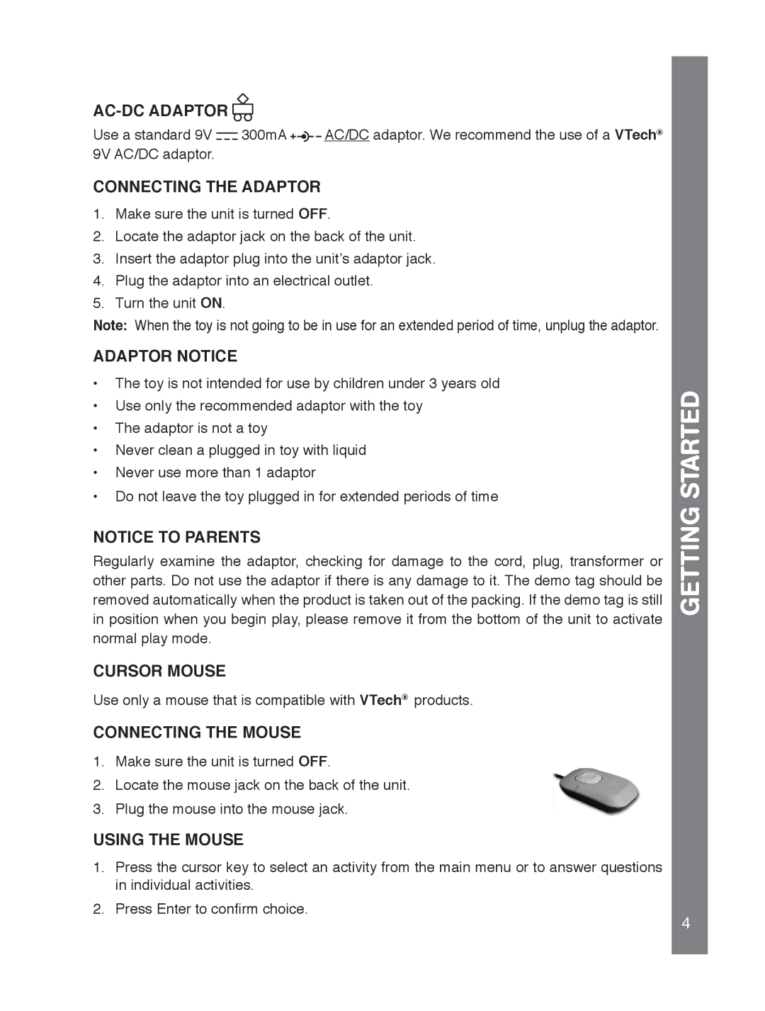 VTech 91-02239-001 manual AC-DC Adaptor, Connecting the Adaptor, Adaptor Notice, Cursor Mouse, Connecting the Mouse 