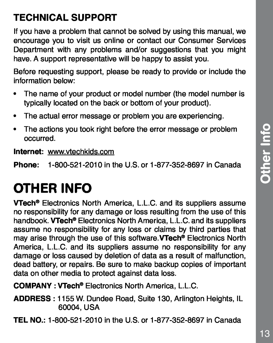 VTech 91-02241-000 manual Other Info, Technical Support 