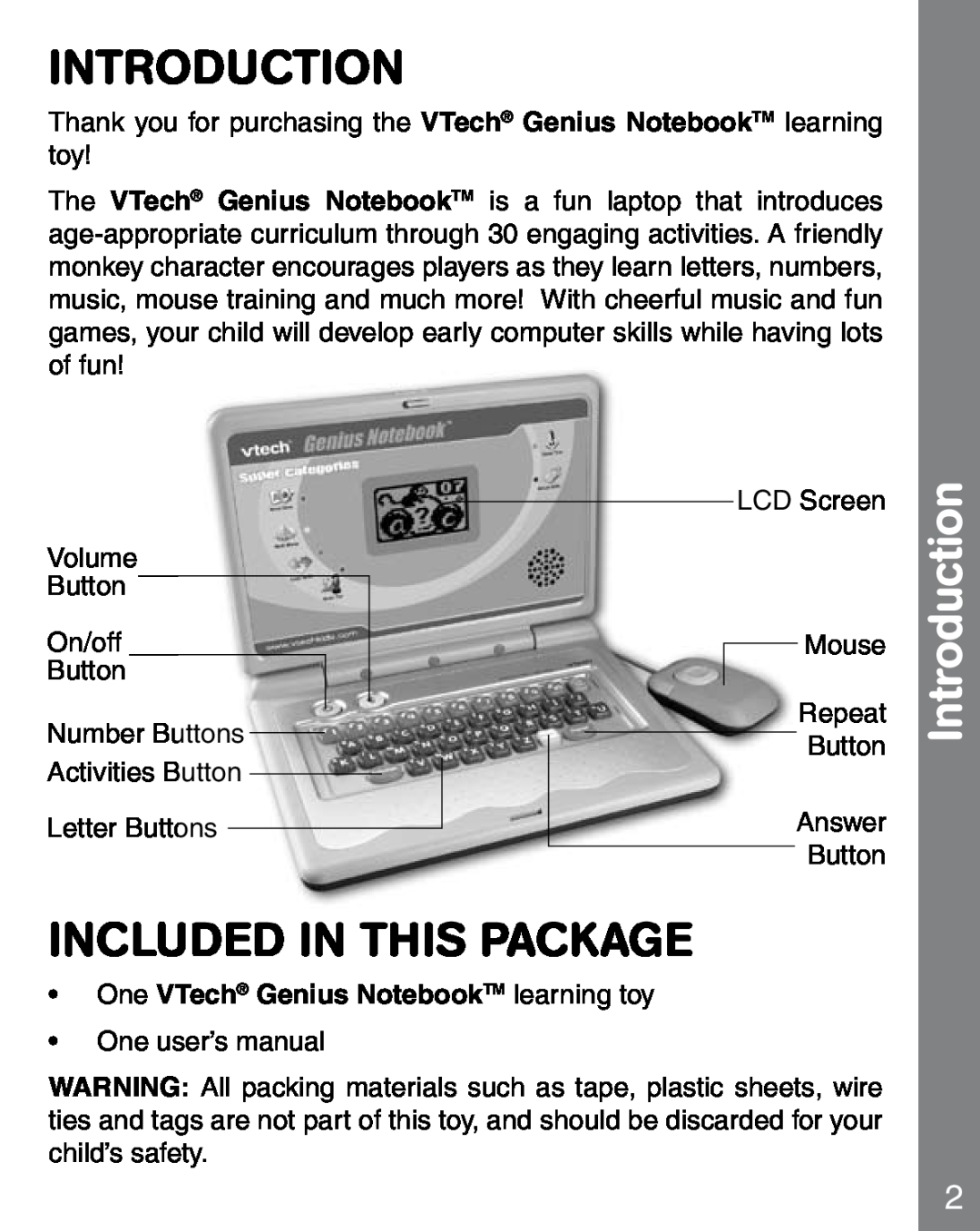 VTech 91-02241-000 manual Introduction, Included In This Package, One VTech Genius NotebookTM learning toy 