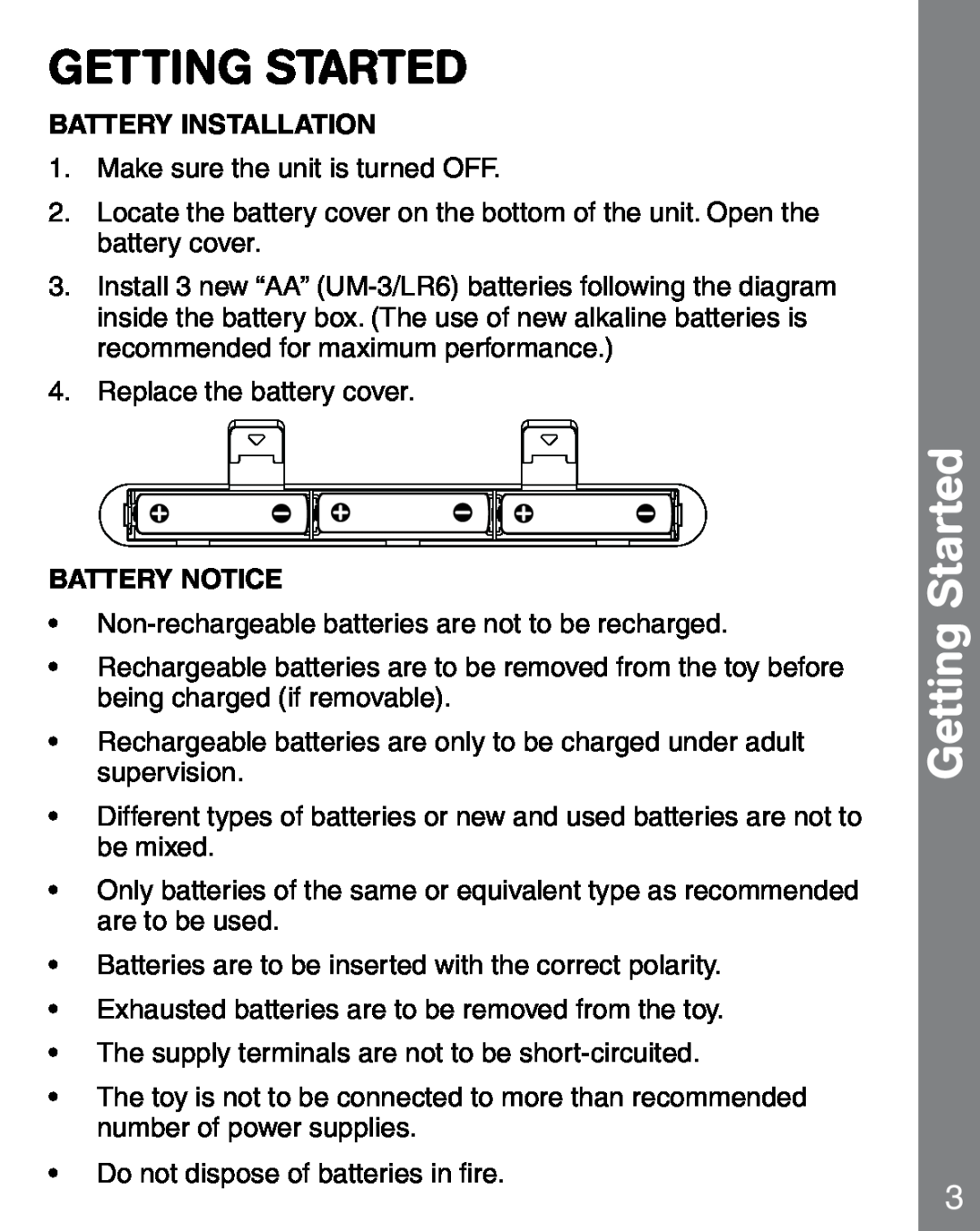 VTech 91-02241-000 manual Getting Started, Battery Installation, Battery Notice 