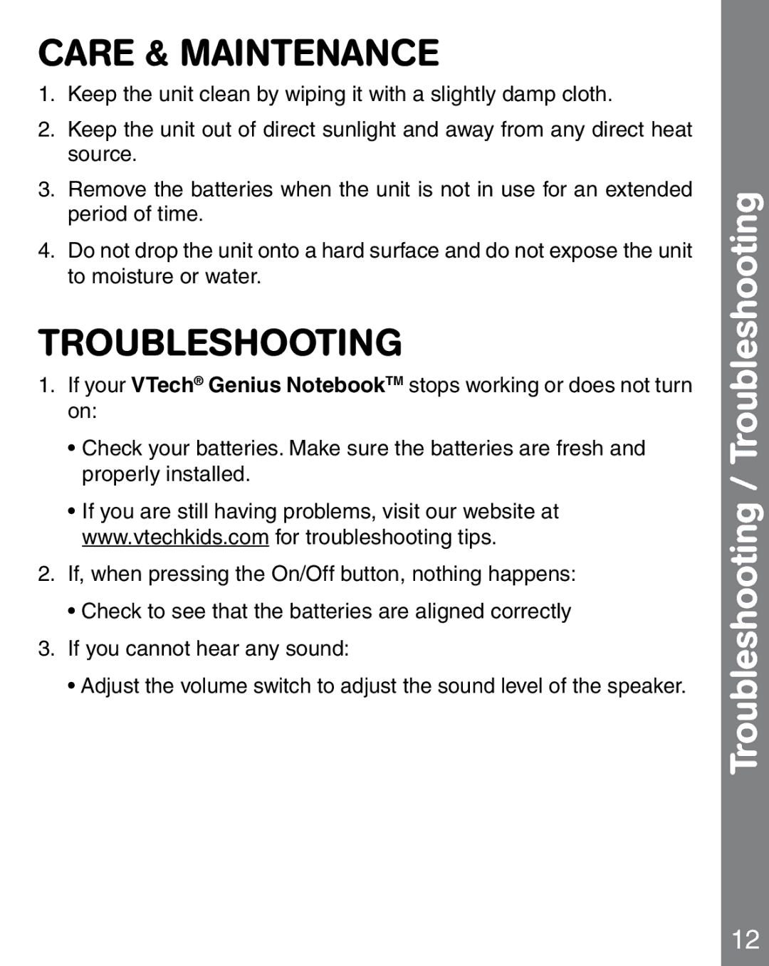 VTech 91-02241-000 manual Care & Maintenance, Troubleshooting / Troubleshooting 