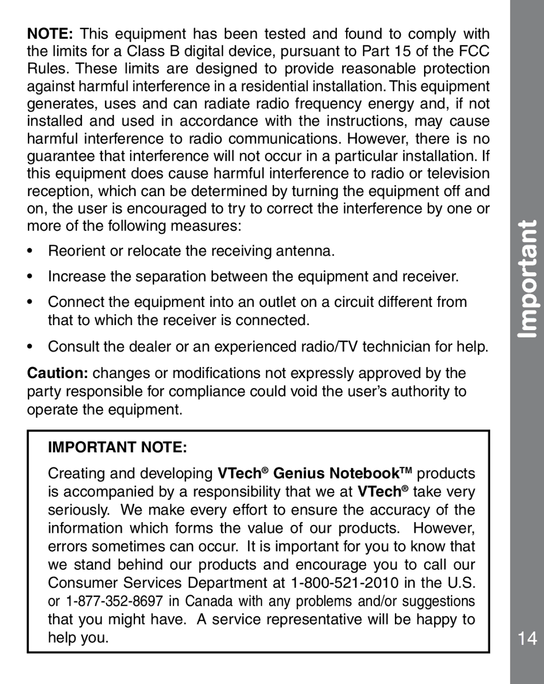 VTech 91-02241-000 manual Important Note 