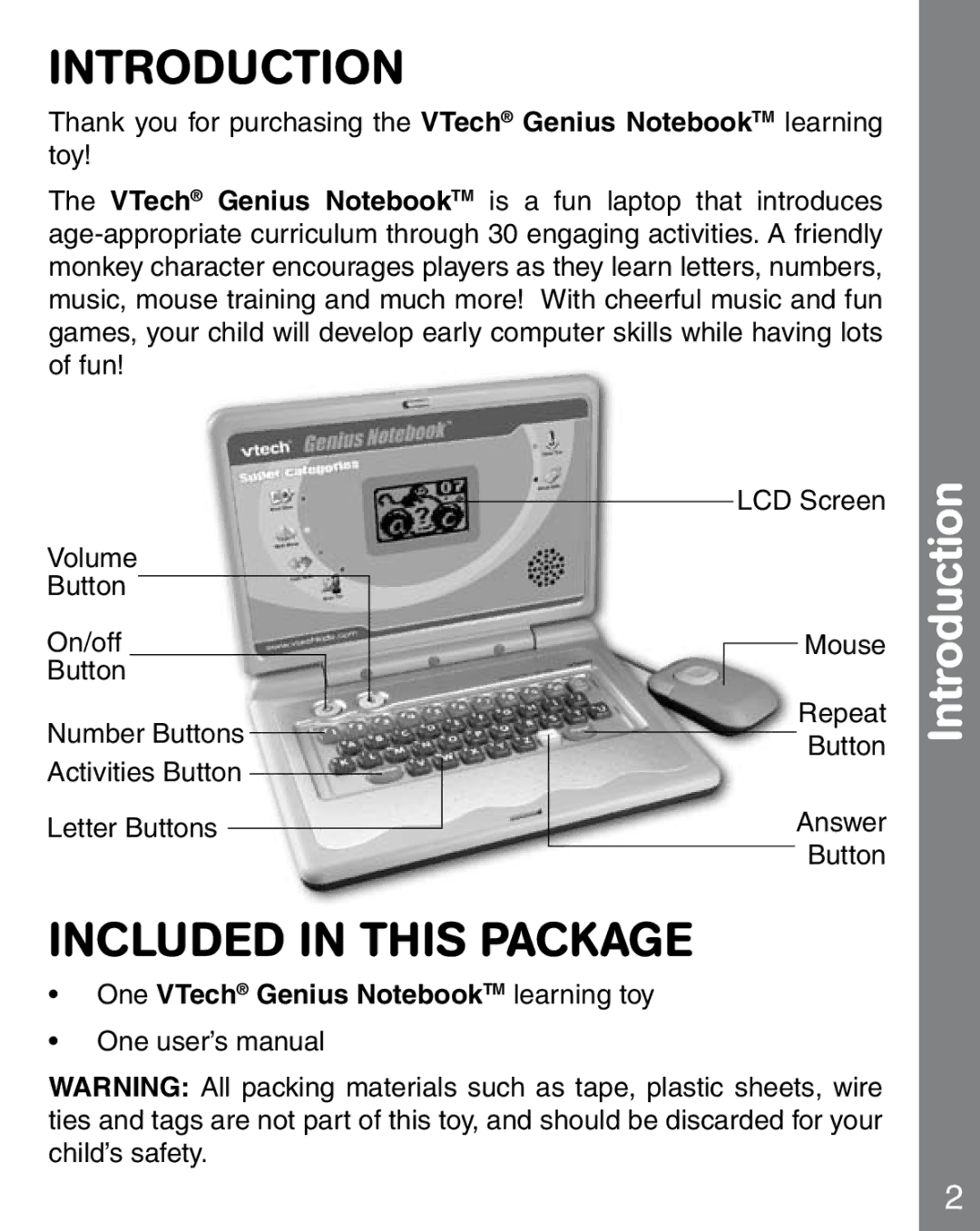 VTech 91-02241-000 manual Introduction, Included in this Package, One VTech Genius NotebookTM learning toy 