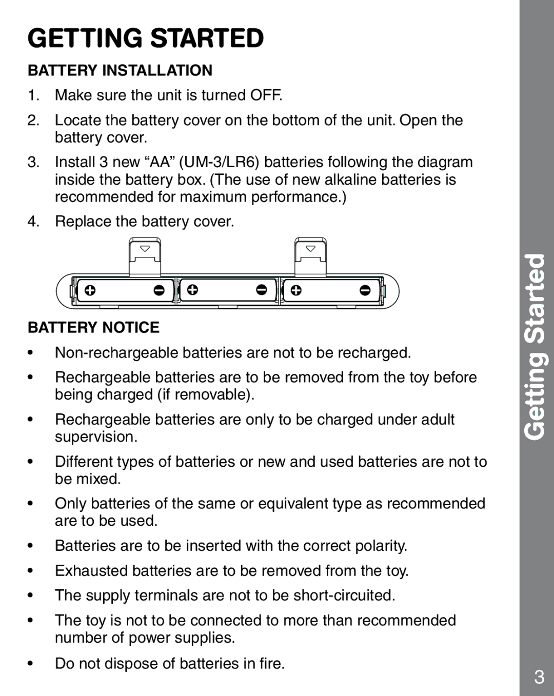 VTech 91-02241-000 manual Getting Started, Battery Installation, Battery Notice 