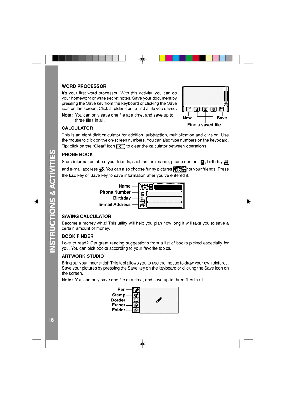 VTech 91-XXXXX-00X user manual Word Processor, Phone Book, Saving Calculator, Book Finder, Artwork Studio 