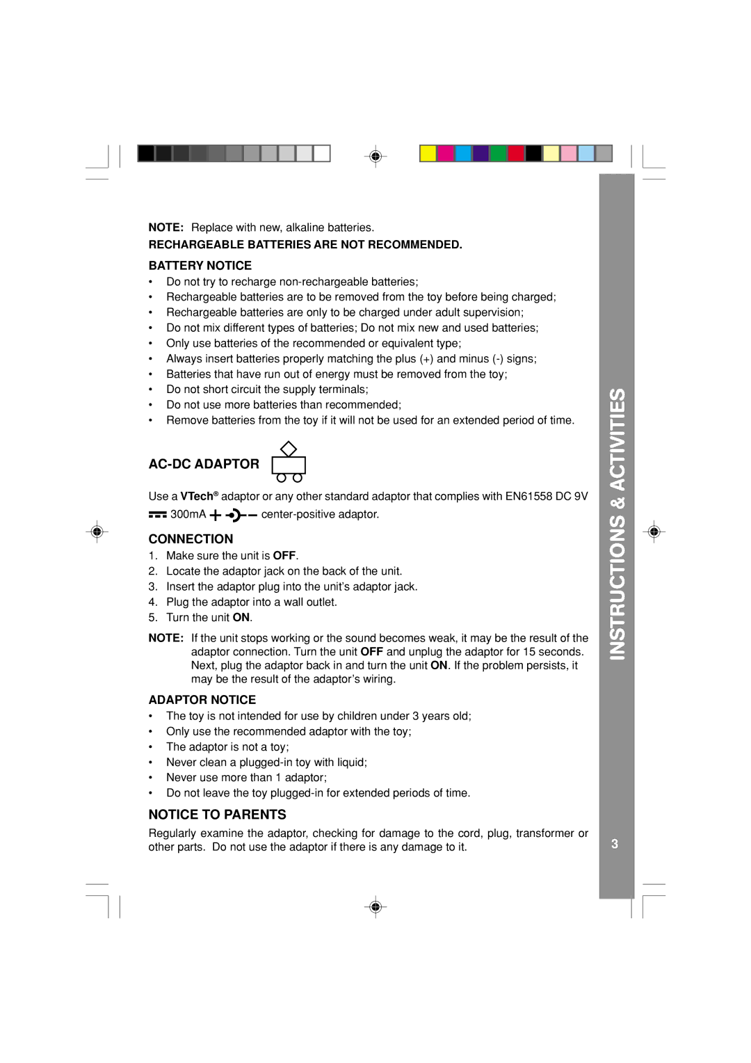 VTech 91-XXXXX-00X user manual AC-DC Adaptor, Battery Notice, Connection, Adaptor Notice 