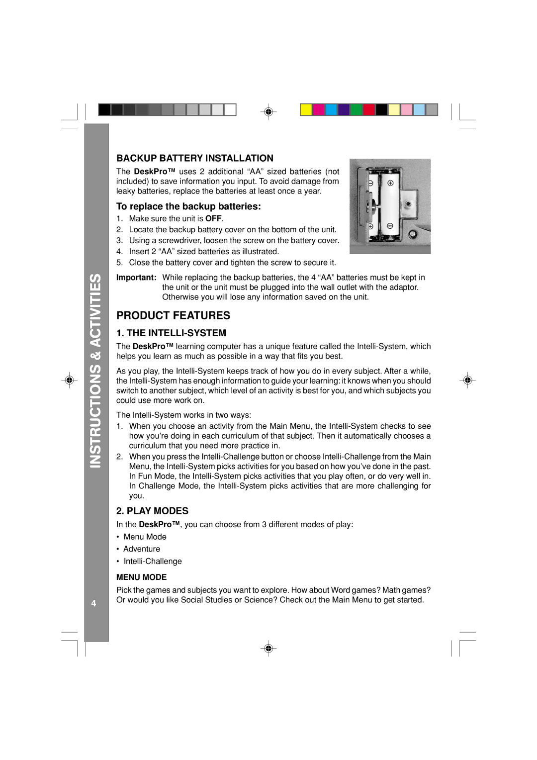 VTech 91-XXXXX-00X user manual Product Features, Backup Battery Installation, Intelli-System, Play Modes 