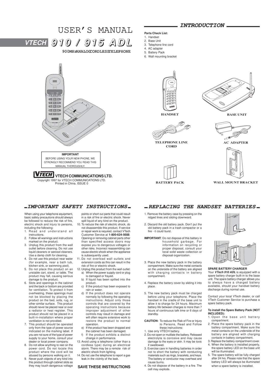 VTech 915, 910 important safety instructions Parts Check List, Spare Battery Charger 