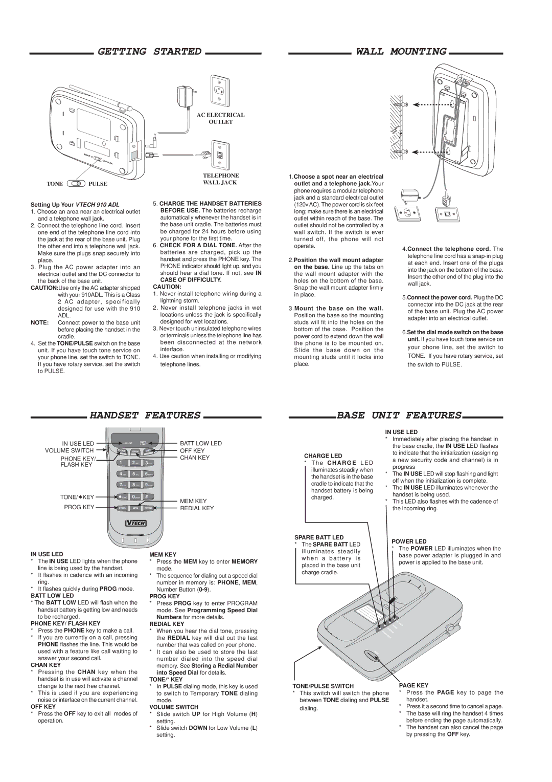 VTech 910, 915 important safety instructions Getting Started Wall Mounting, Handset Features Base Unit Features 