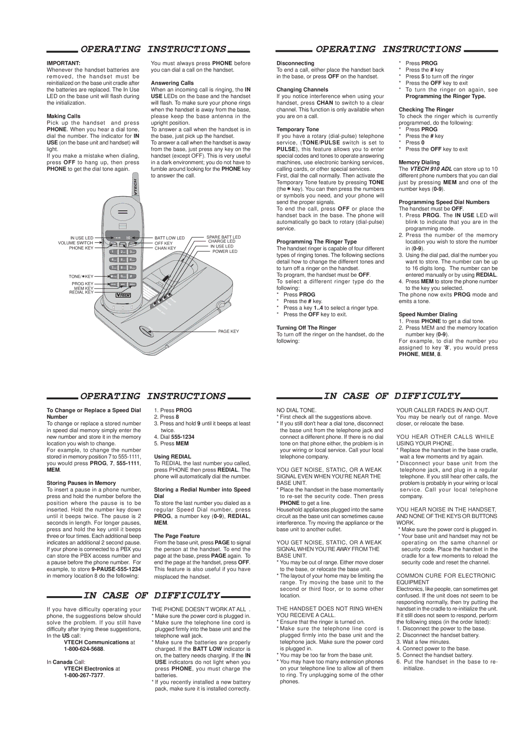 VTech 915, 910 important safety instructions Operating Instructions Case of Difficulty 