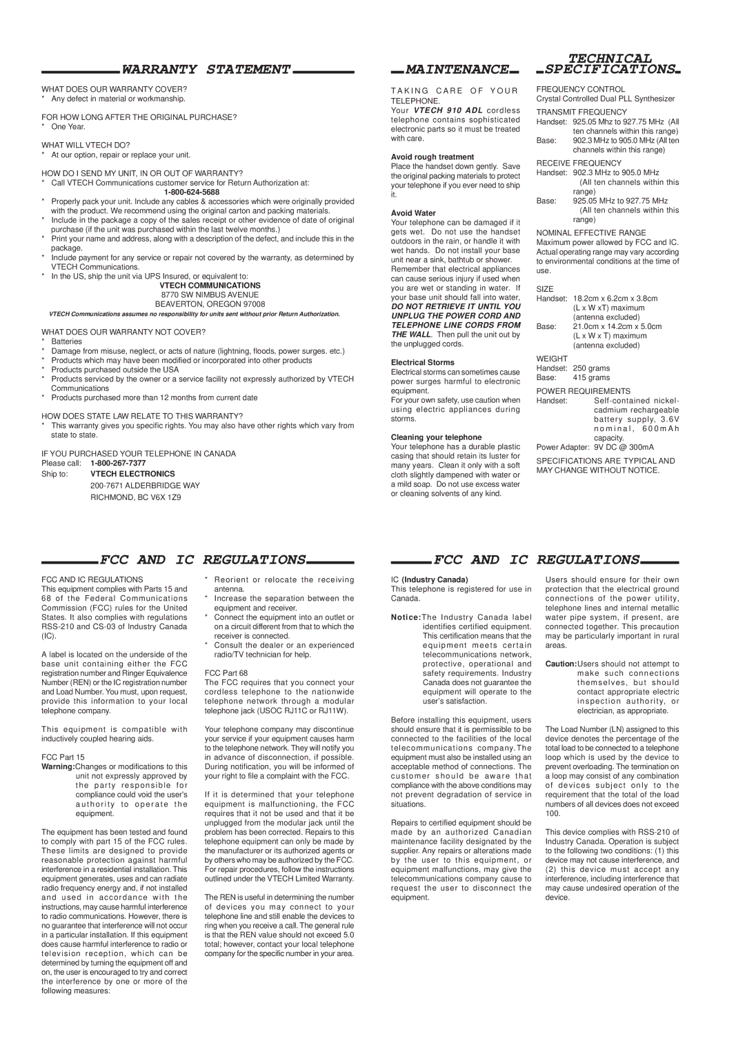 VTech 910, 915 Warranty Statement, Maintenance, Technical Specifications, FCC and IC Regulations 