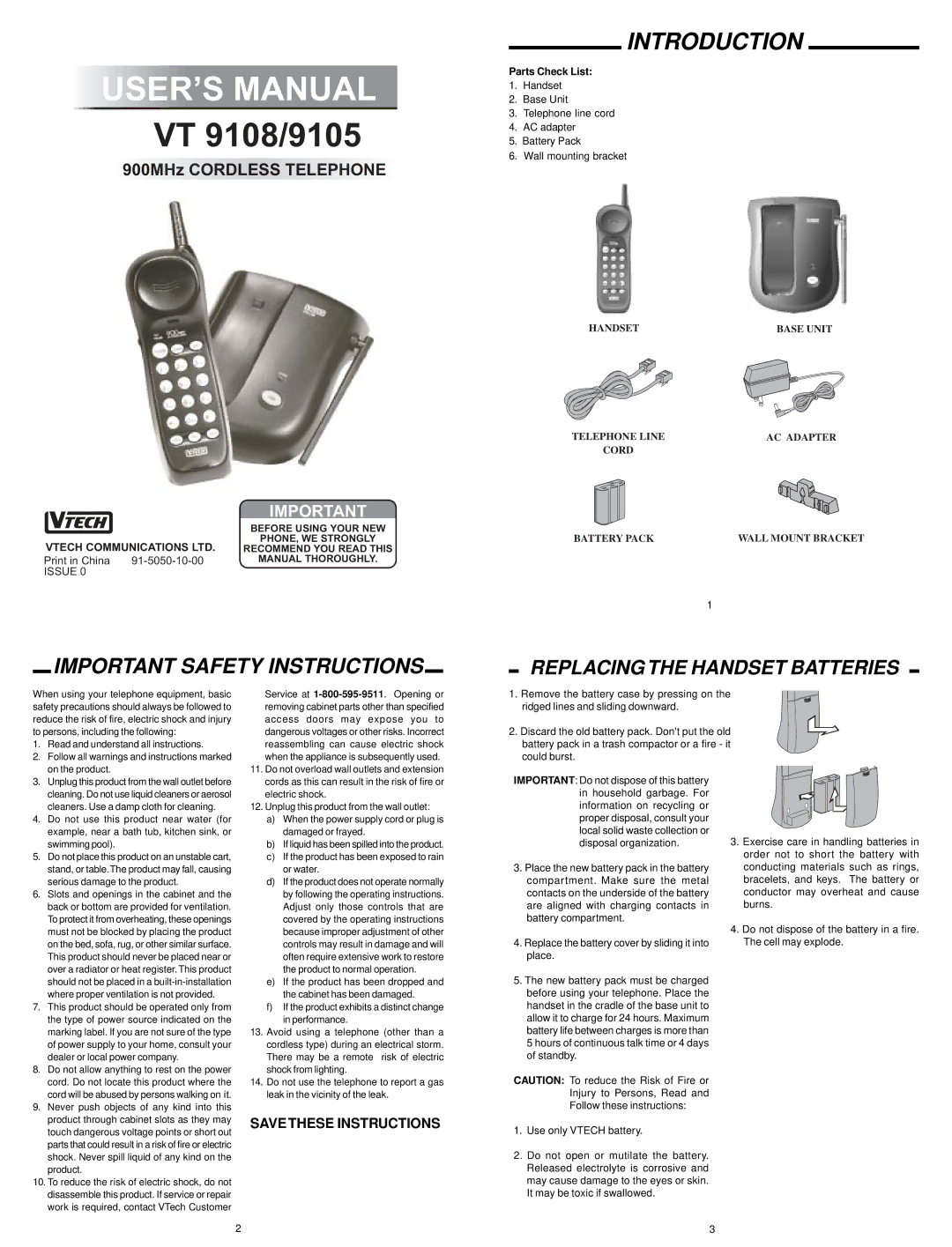 VTech 9105, 9108 important safety instructions Important Safety Instructions, Parts Check List 