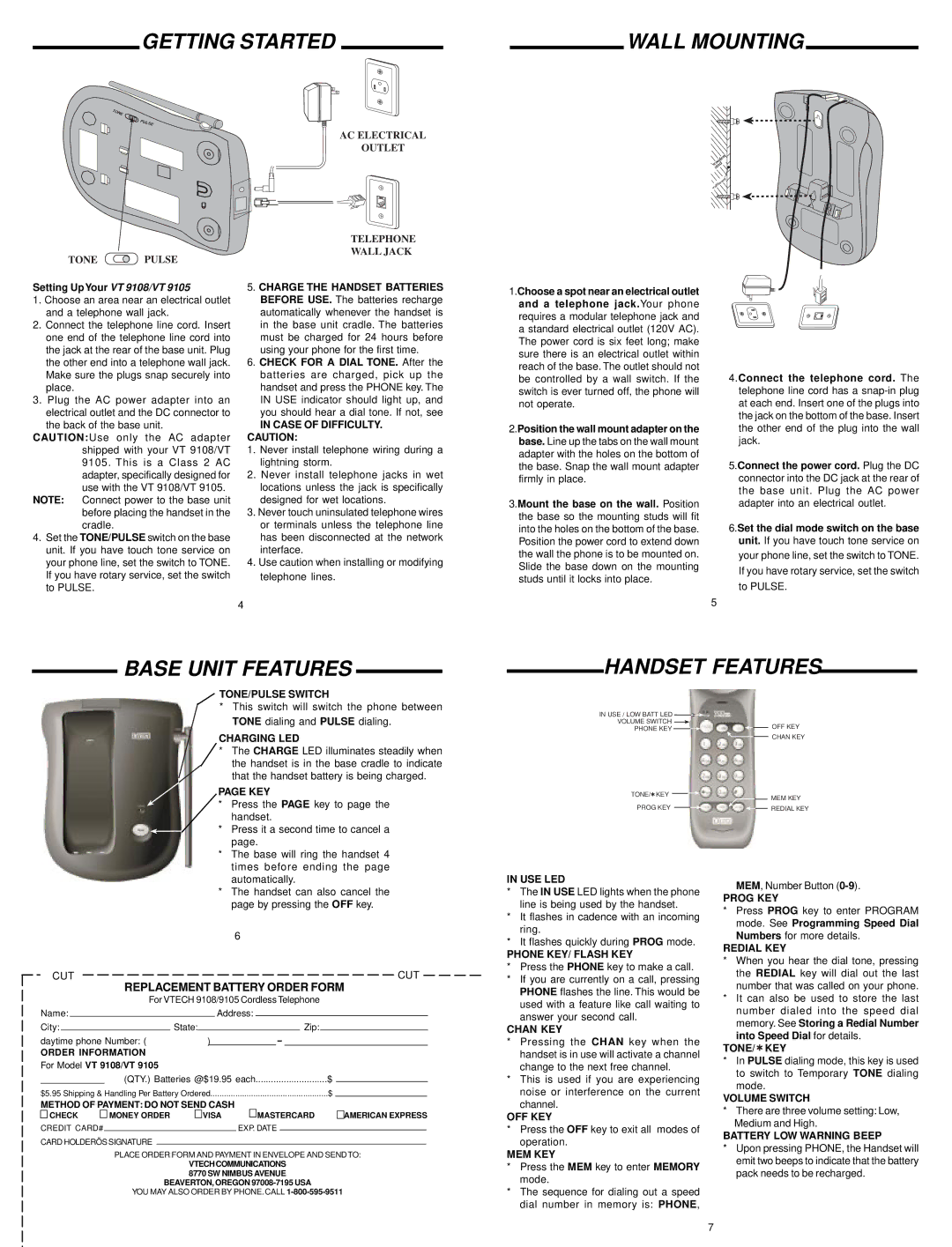 VTech 9105 Getting Started, Wall Mounting, Base Unit Features, Handset Features, Setting Up Your VT 9108/VT 