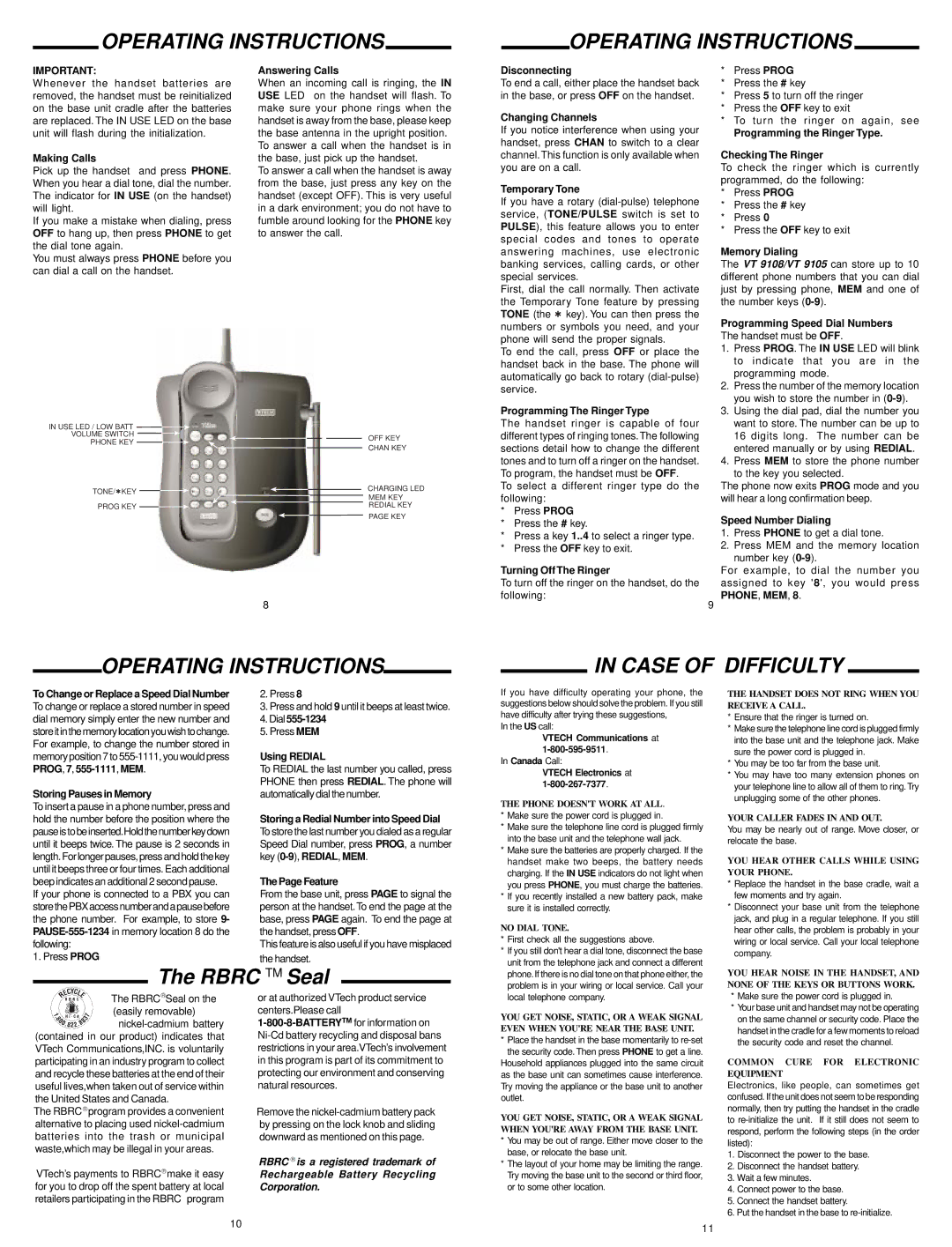 VTech 9105, 9108 important safety instructions Operating Instructions Case of Difficulty 