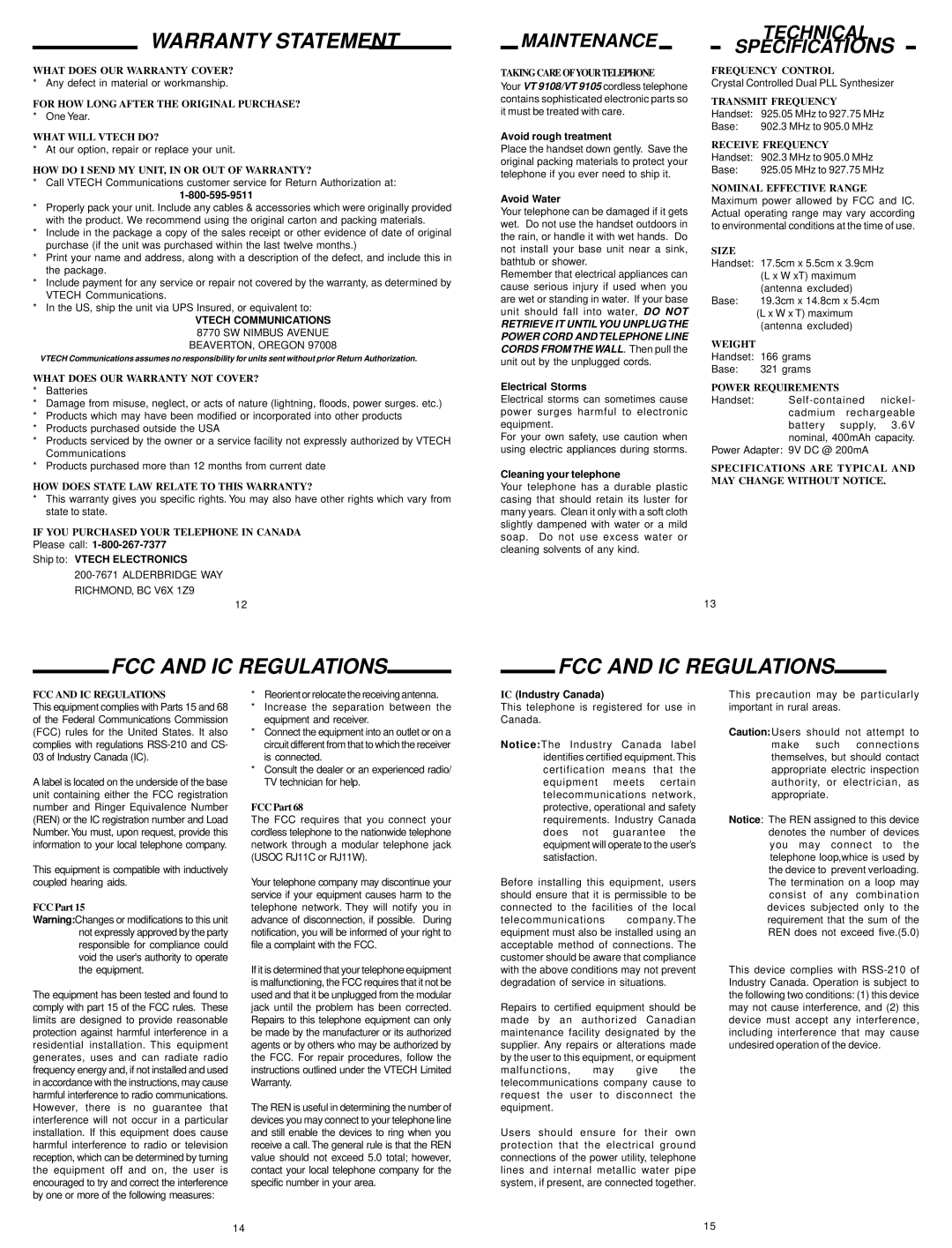 VTech 9108, 9105 important safety instructions Warranty Statement, FCC and IC Regulations 