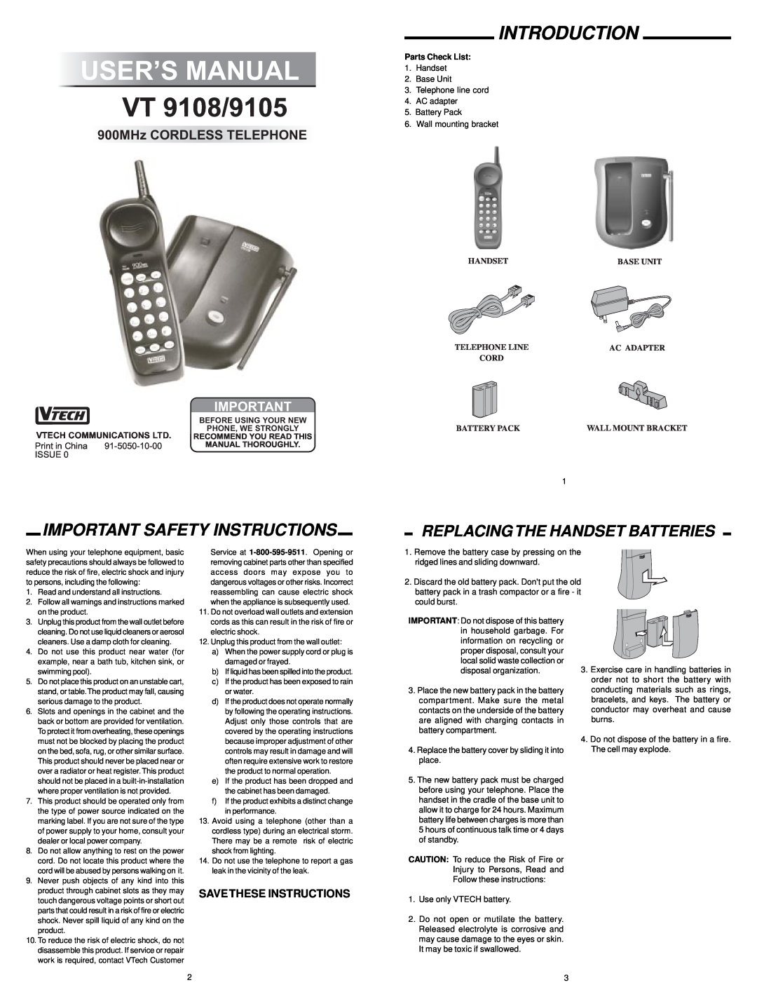 VTech important safety instructions Important Safety Instructions, User’S Manual, VT 9108/9105, Vtech, Introduction 