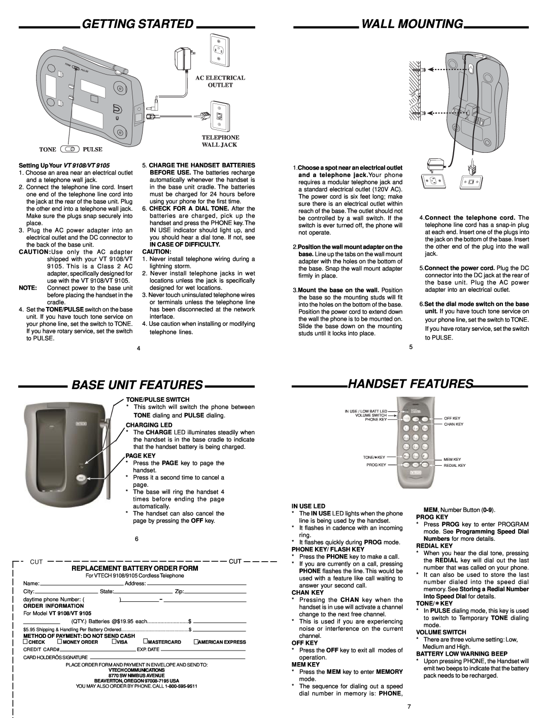 VTech 9108, 9105 Getting Started, Wall Mounting, Base Unit Features, Handset Features, Replacement Battery Order Form 