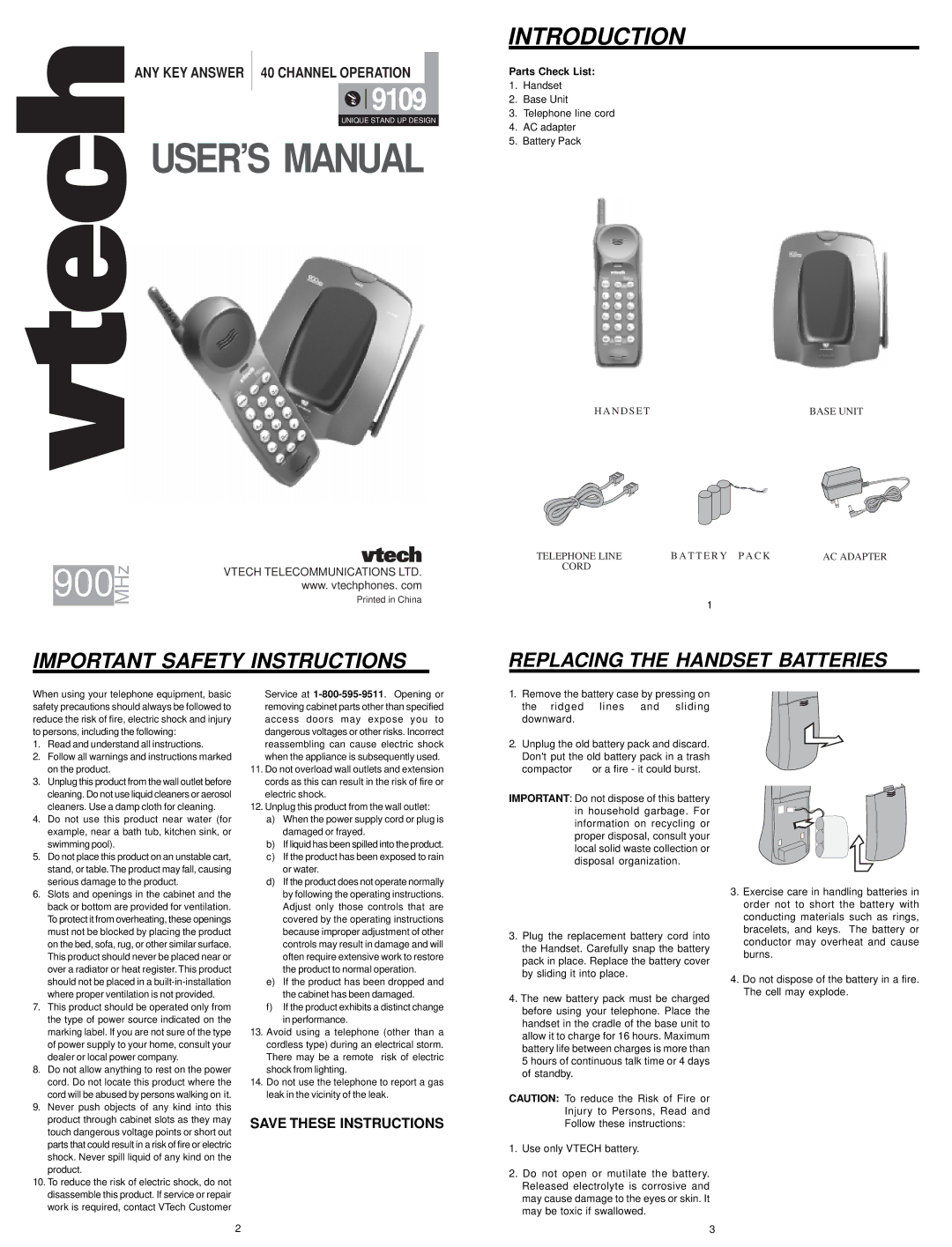 VTech 9109 user manual Important Safety Instructions, Parts Check List 