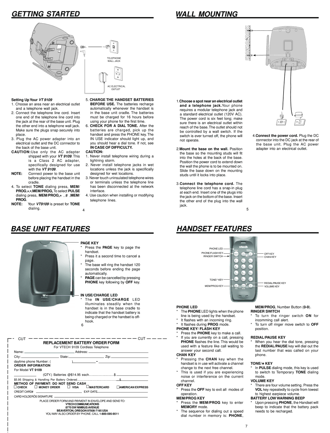 VTech 9109 user manual Getting Started, Wall Mounting, Base Unit Features, Handset Features 