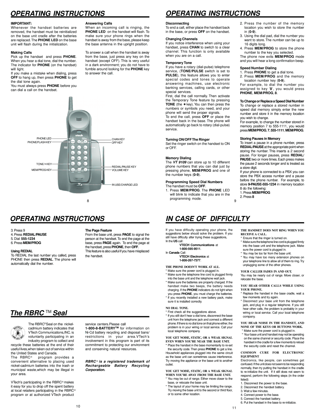 VTech 9109 user manual Operating Instructions Case of Difficulty 