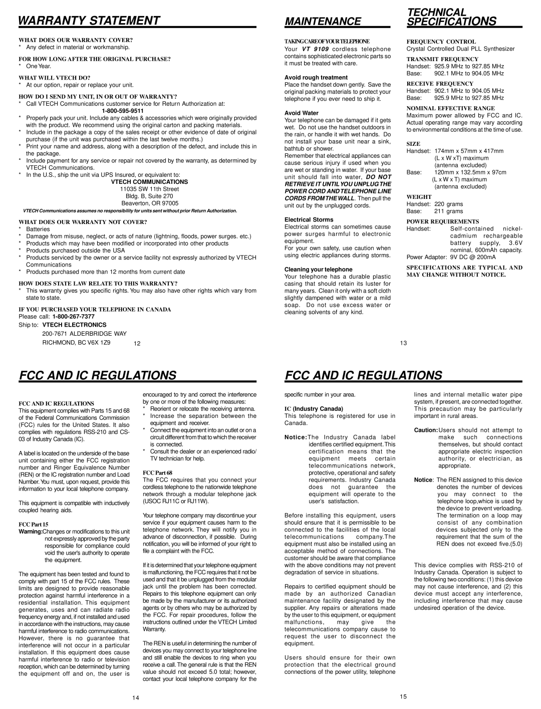 VTech 9109 user manual Warranty Statement, FCC and IC Regulations, Vtech Communications 