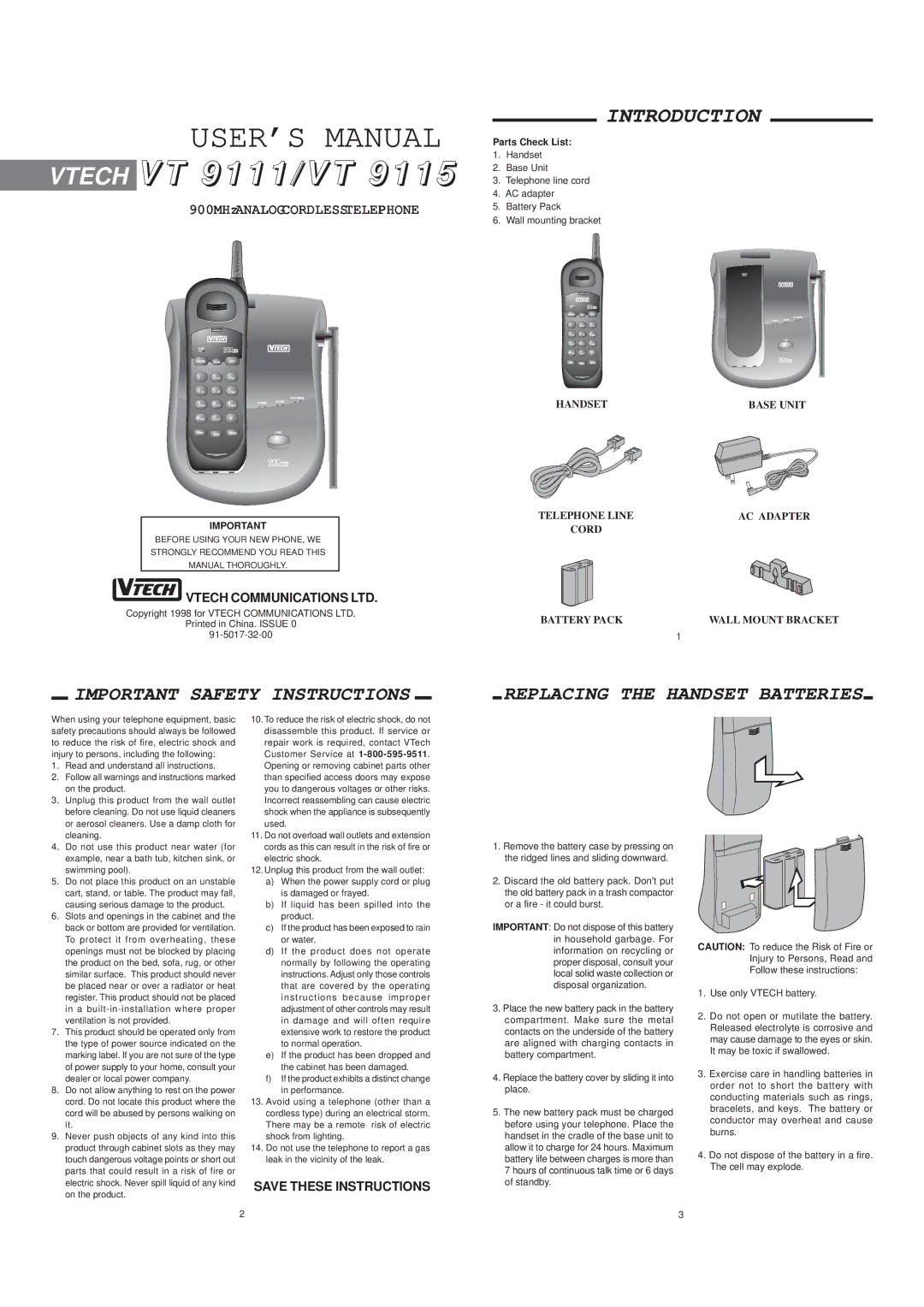 VTech VT 9115, 9111 important safety instructions USER’S Manual, Parts Check List 